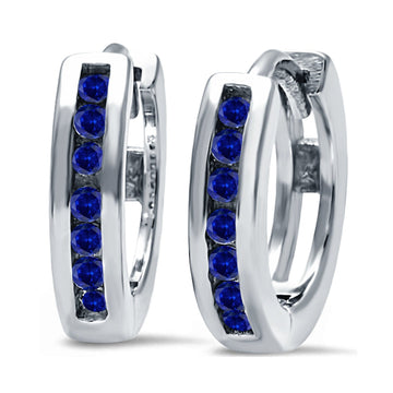 Half Eternity Hoop Earrings Round Simulated Blue Sapphire CZ 925 Sterling Silver (11mm)